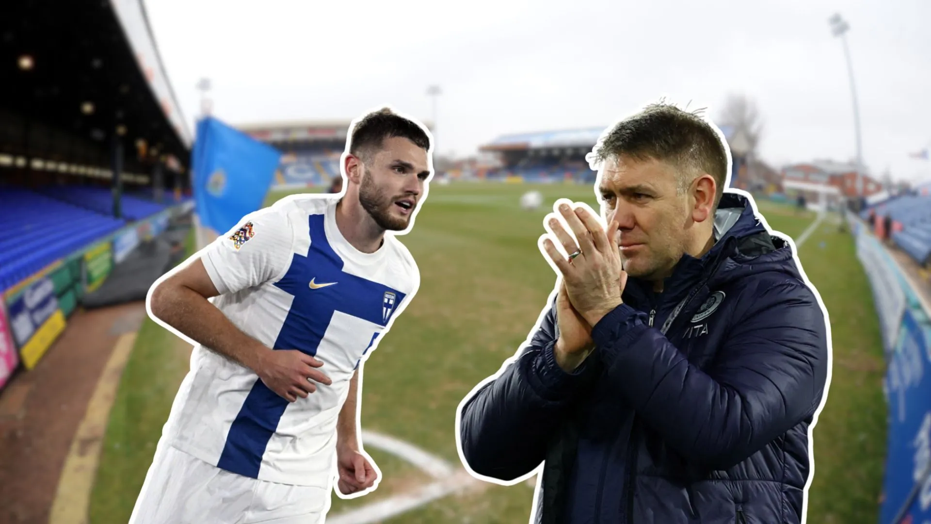 HLV Dave Challinor và một cầu thủ của Stockport County tại sân Edgeley Park, thể hiện nỗ lực của CLB trong việc chiêu mộ tân binh.