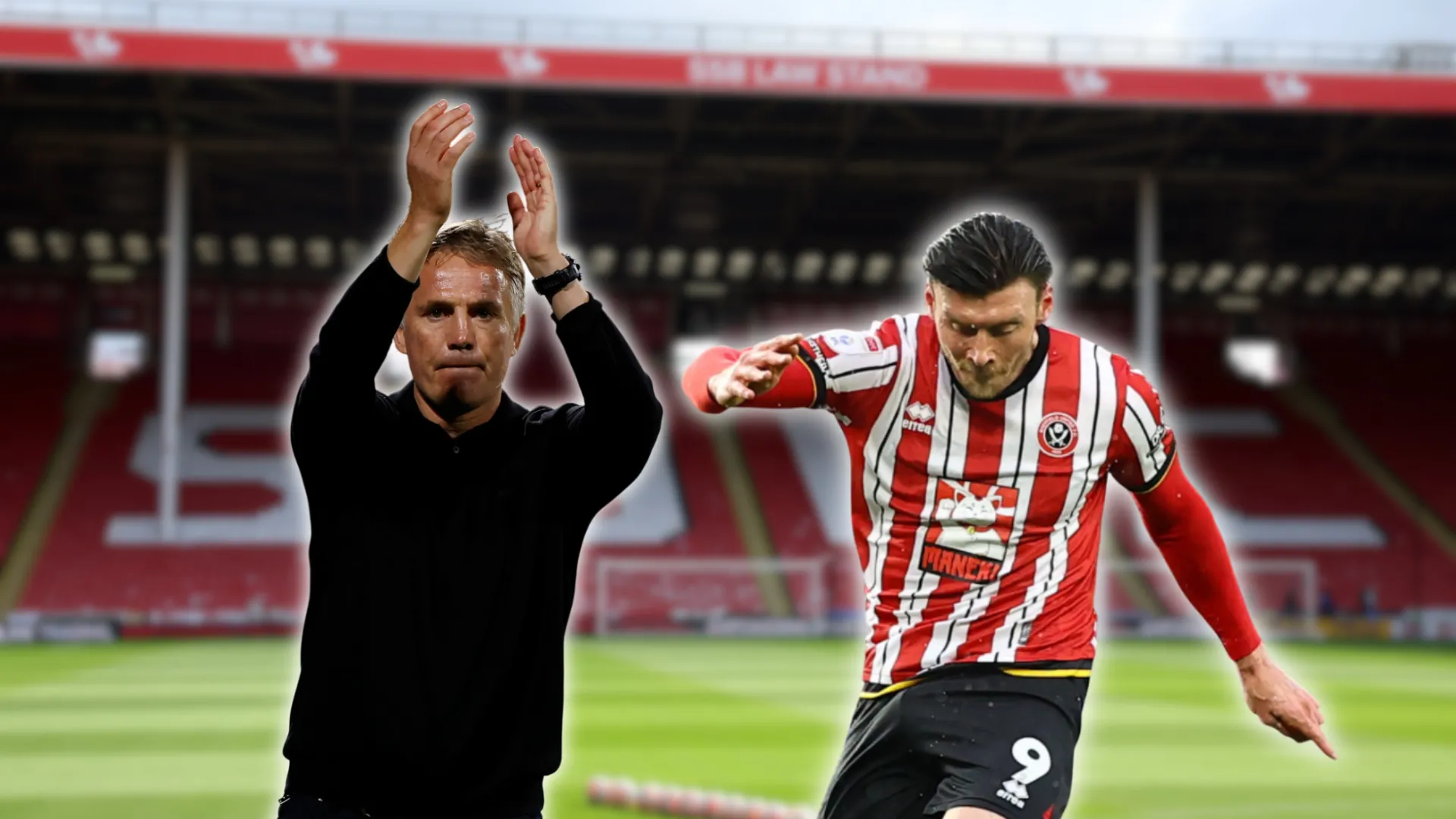 HLV Phil Parkinson (trái) của Wrexham và tiền đạo Kieffer Moore (phải) của Sheffield United, mục tiêu mà Wrexham đang nhắm đến cho mùa giải Championship